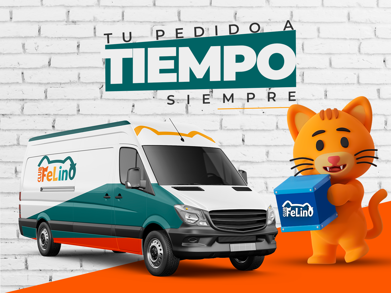 Gato naranja junto a una camioneta de reparto y una caja de envío