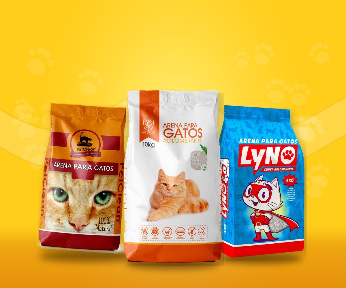 Arena para gatos Mistikat, Petclean y Lyno